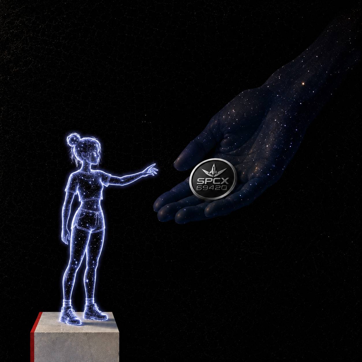 Cosmic hand holding the SPCX69420 emblem