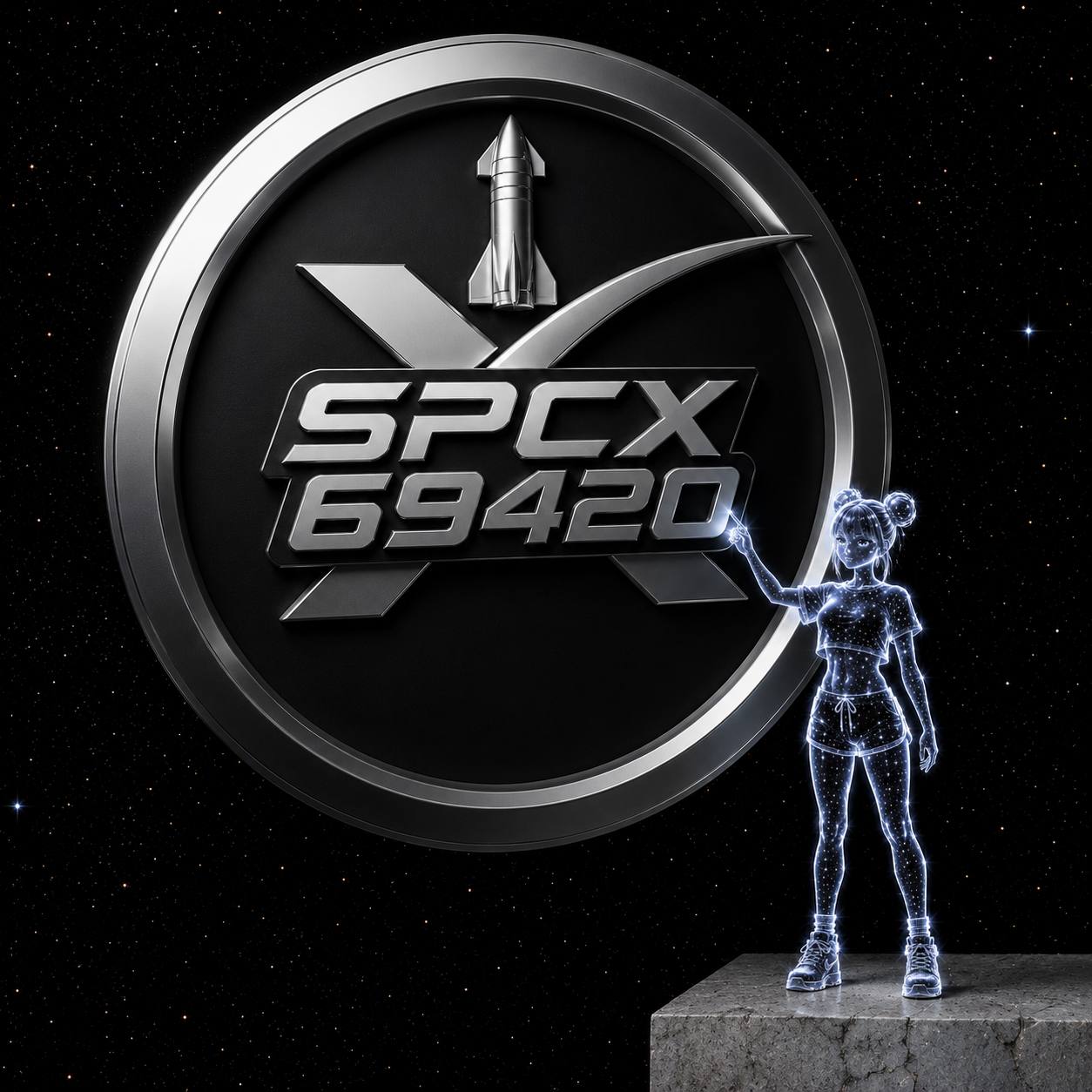 Character touching the SPCX69420 emblem
